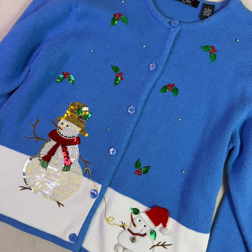 Vintage Beaded Sequin Snowman Christmas Cardigan Women's L Jingle Bell Novelty